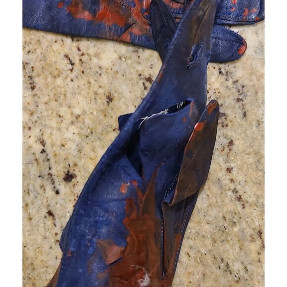 Vintage Size S Blue Leather Long Gloves Slashed Fake Bloody Slashed Zombie War - Picture 15 of 16